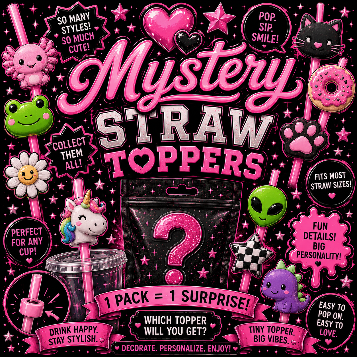 10 Mystery Straw Toppers (800+ Possible Options No Duplicates)