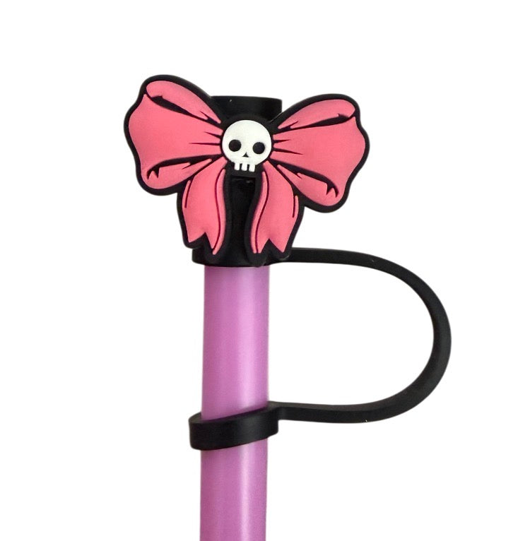 Pink bow skull Straw Topper