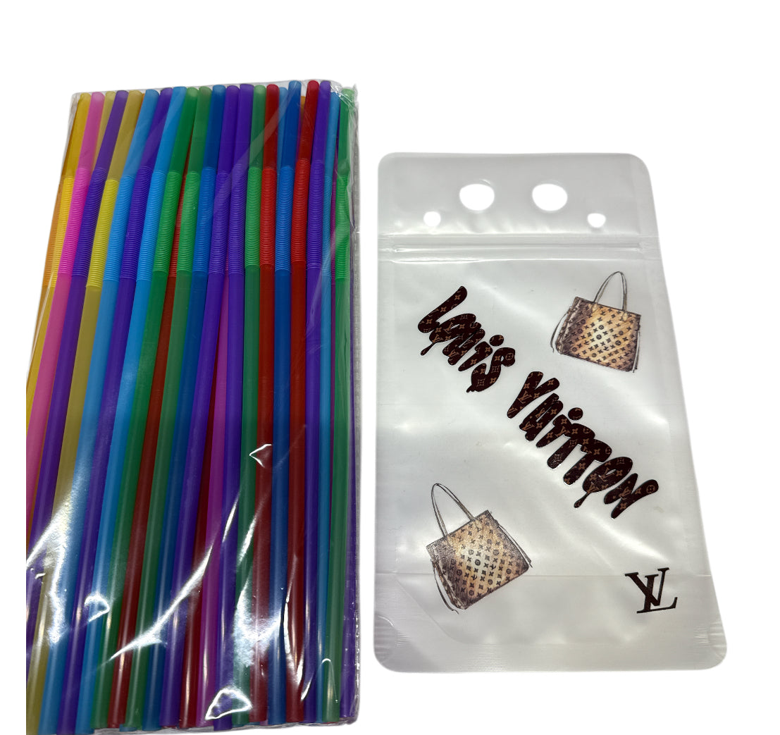 Lv reusable pouch drinking bag. One random color straw