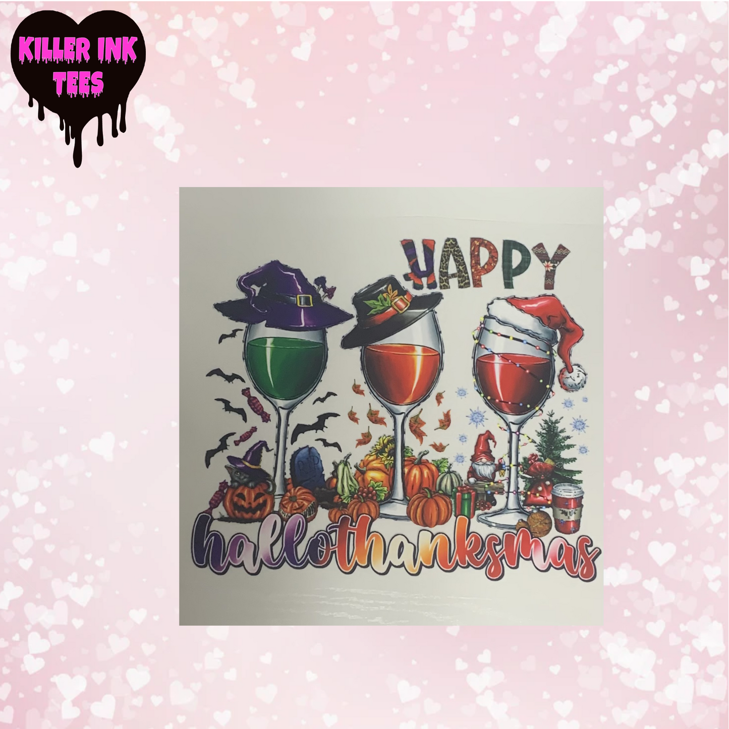 Happy Hallothanksmas Wine Glass New DTF Heat Transfer