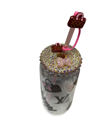Lv rhinestones 16 oz Libbey glass with bamboo lid,straw & matching straw topper