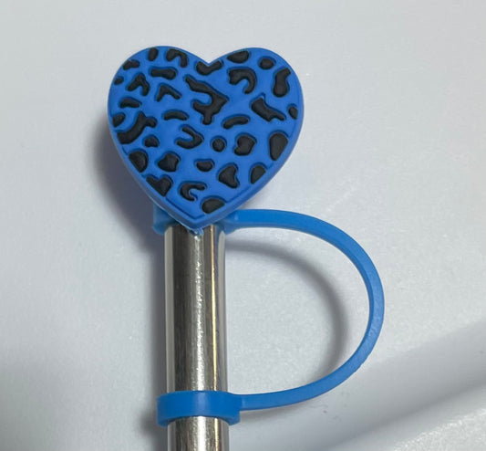 Blue  Cheetah Heart Straw Topper