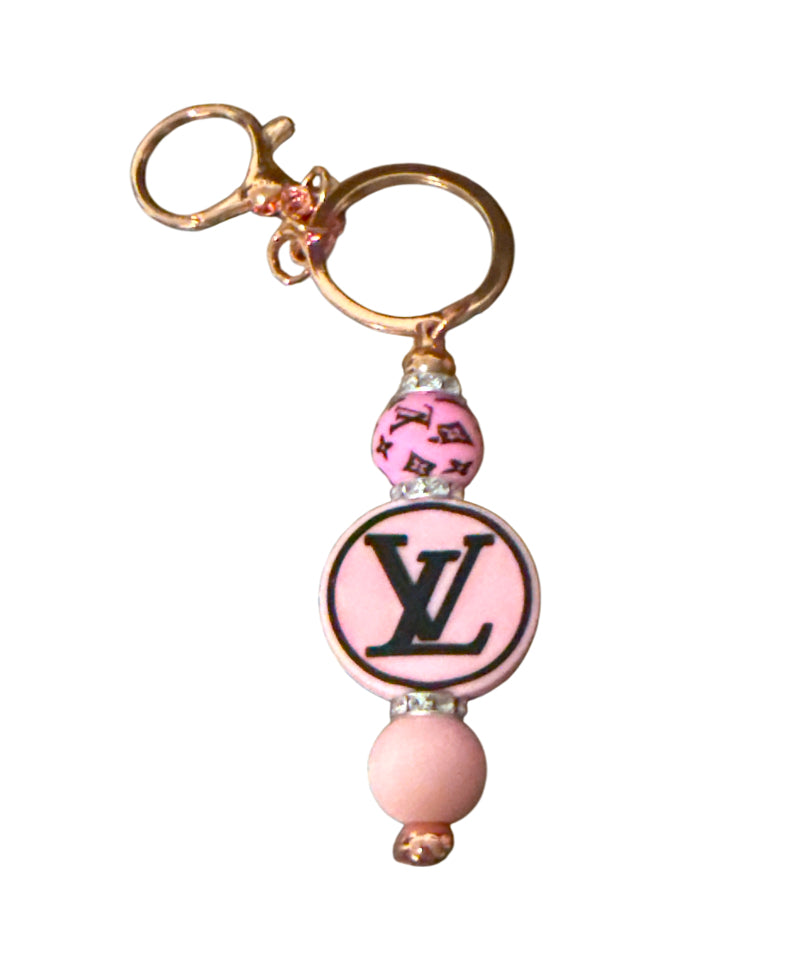 Lv light pink/black beaded Metal Keychain