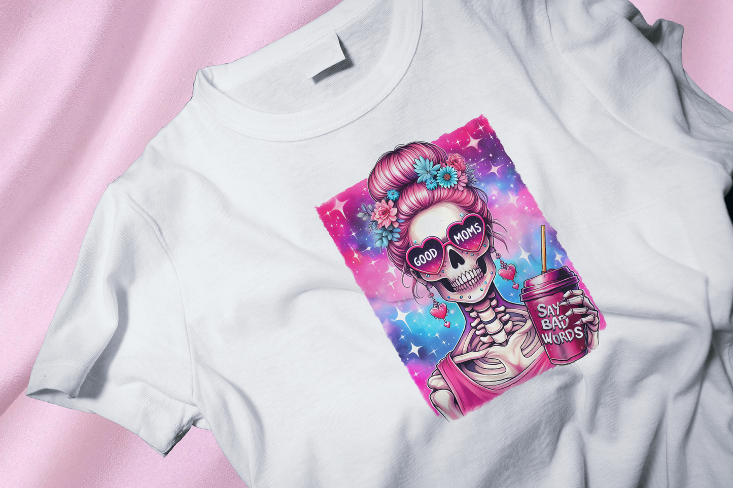 Pink hair skull DTF Heat Transfer