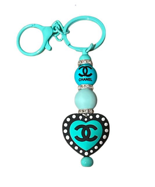 CC teal dots Beaded Metal Keychain