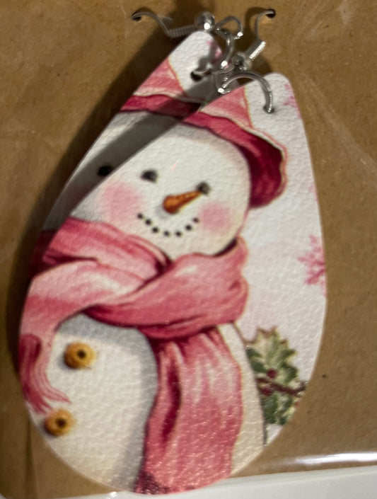 Pink Scarf Snowman Earrings