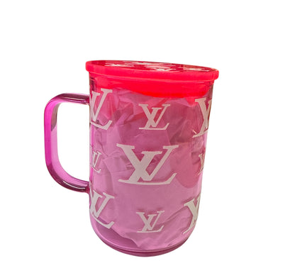 Lv hot pink  glass handle cup