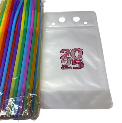 Class of 2025 reusable pouch drinking bag. One random color straw