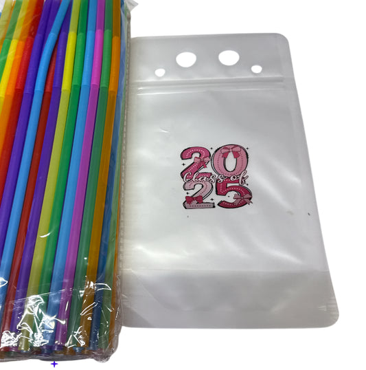 Class of 2025 reusable pouch drinking bag. One random color straw