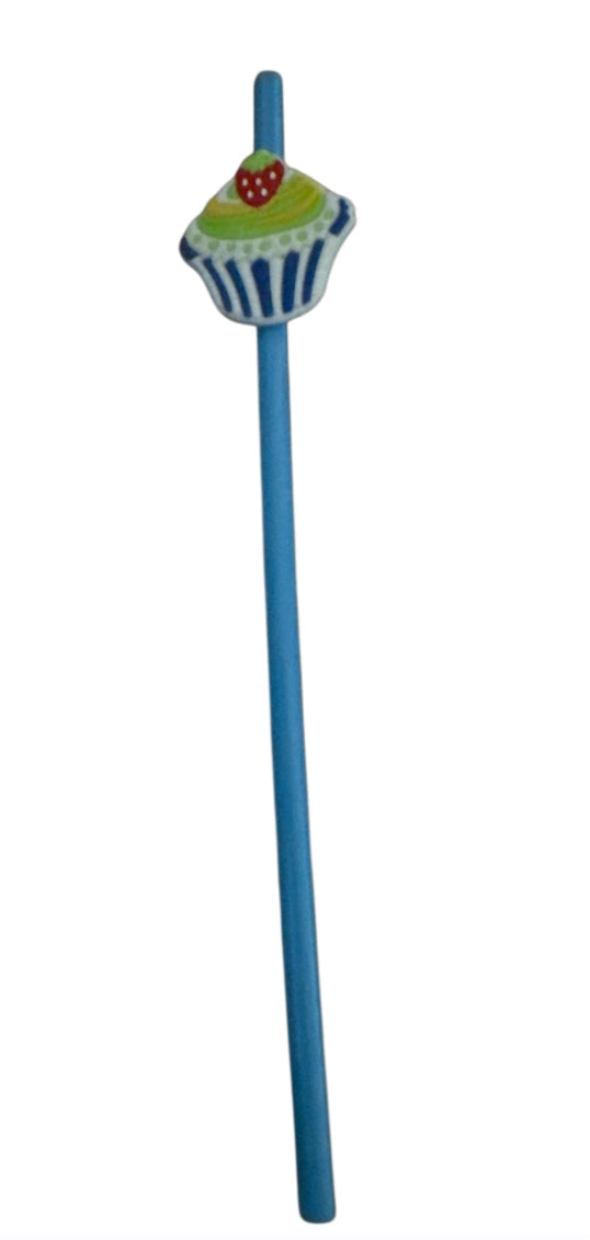 Cupcake charm with Reusable Plastic Straw