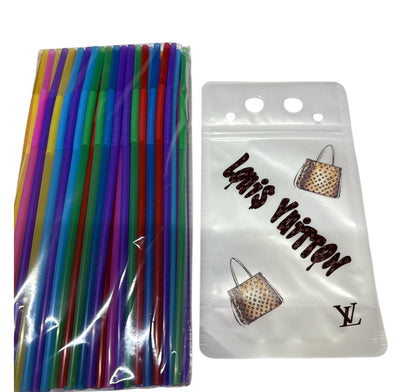 Lv reusable pouch drinking bag. One random color straw