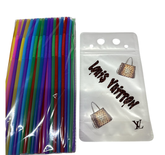 Lv reusable pouch drinking bag. One random color straw