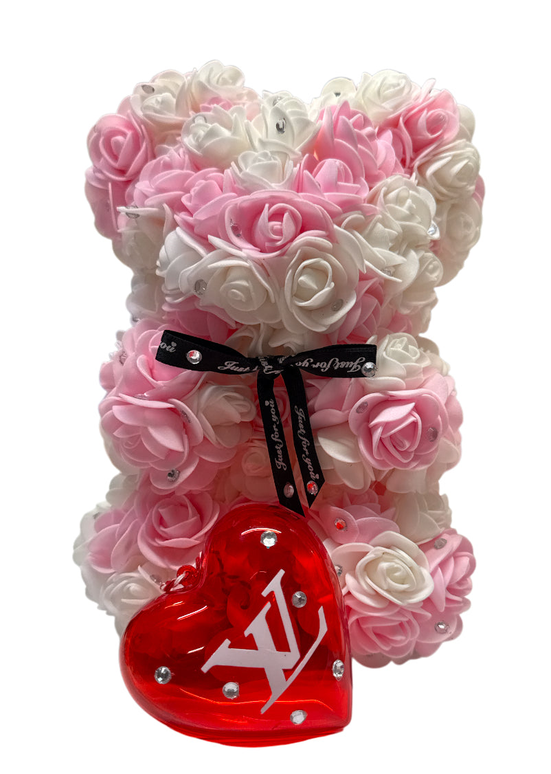 Lv bear rhinestone pink & white with small heart shaped container