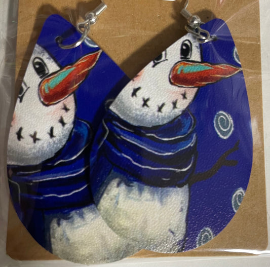 Blue Scarf Snowman Earrings