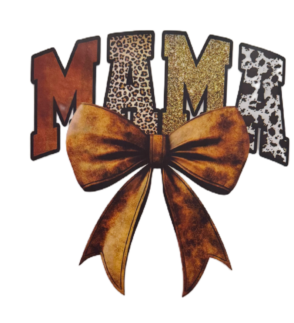 Mama Bow Brown Gold Glitter Look Cheetah Cow Print DTF Heat Transfer