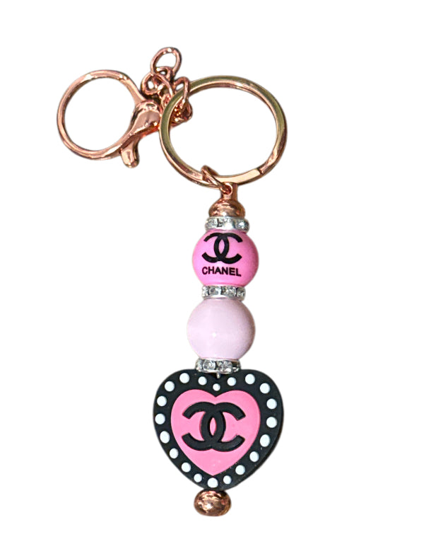 CC light pink dots Beaded Metal Keychain