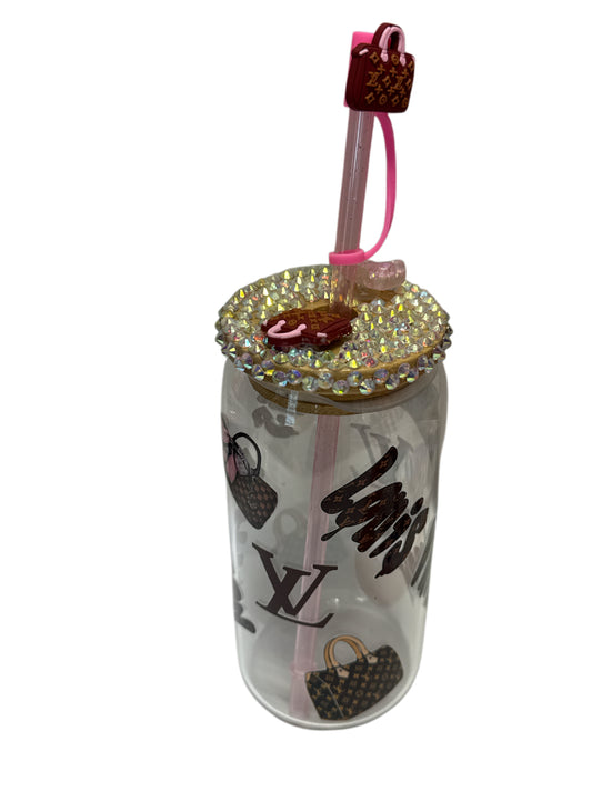 Lv rhinestones 16 oz Libbey glass with bamboo lid,straw & matching straw topper