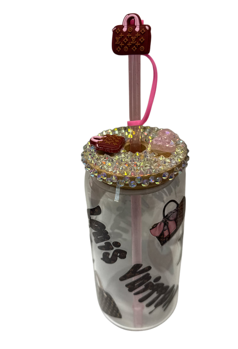 Lv rhinestones 16 oz Libbey glass with bamboo lid,straw & matching straw topper