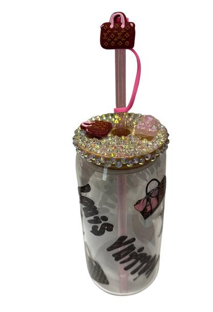 Lv rhinestones 16 oz Libbey glass with bamboo lid,straw & matching straw topper