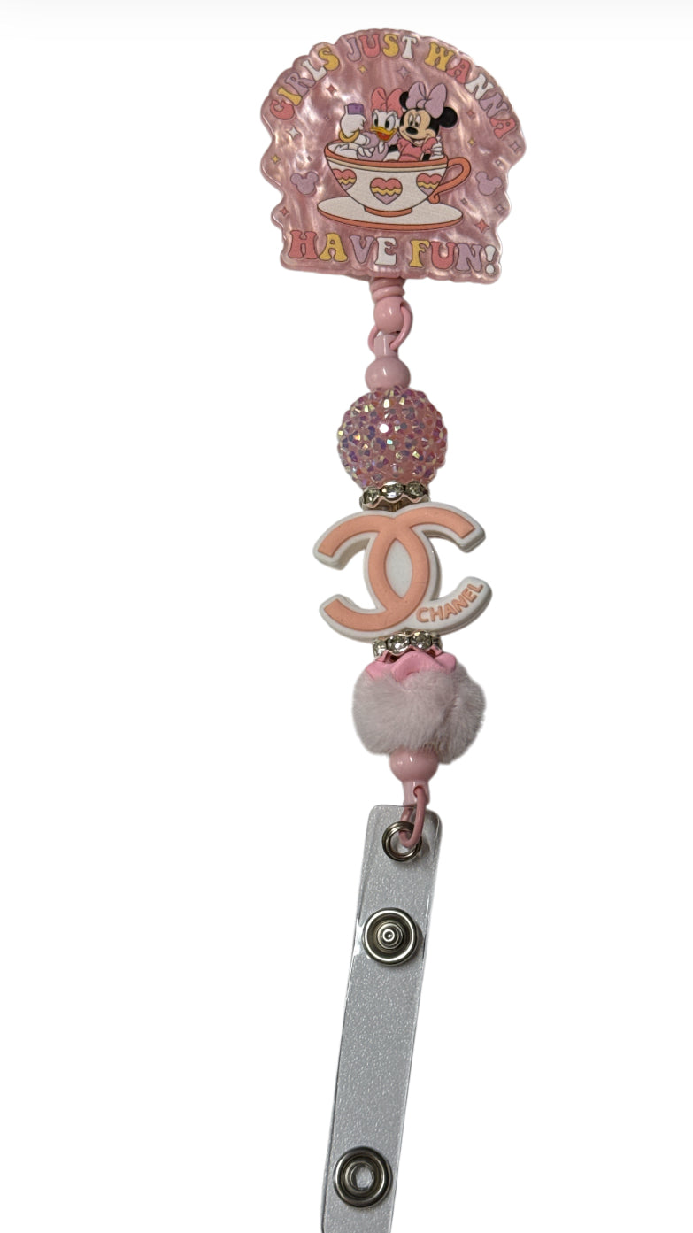 Cc Girls just want to have fun Minnie beaded badge reel